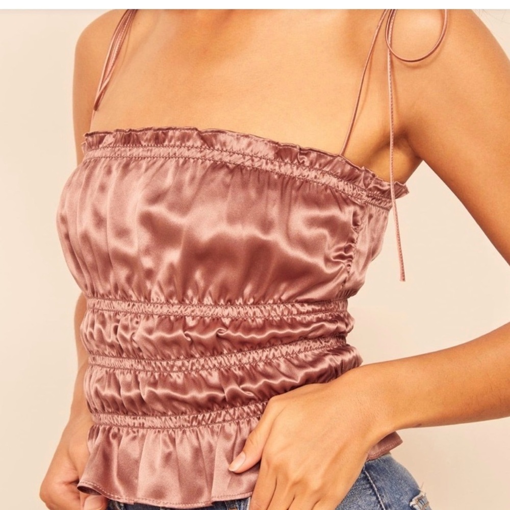 Reformation Satin Ruffle-Trim Cami in Rose Blush